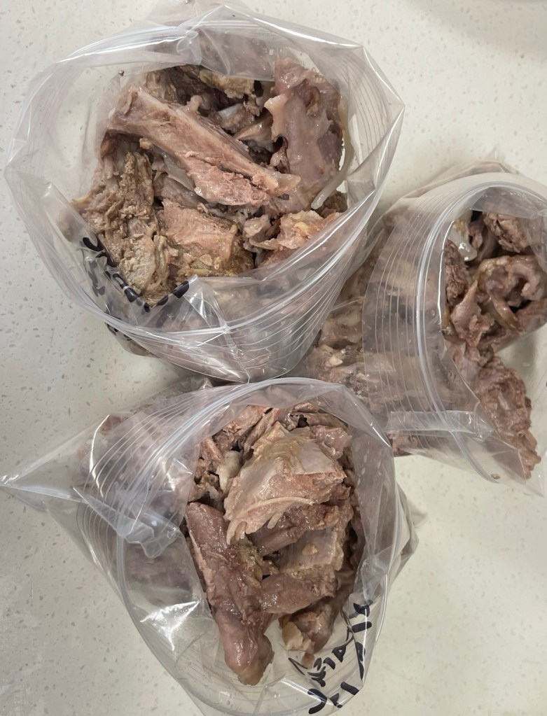 Boiled turkey drumstick with the bones removed for my dog